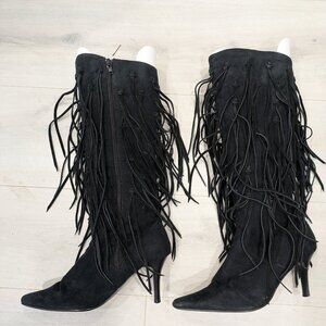 Bee Fly Sz 8 Joan Black Faux Vegan Suede Long Fringe Tall City Knee Boots Pointy